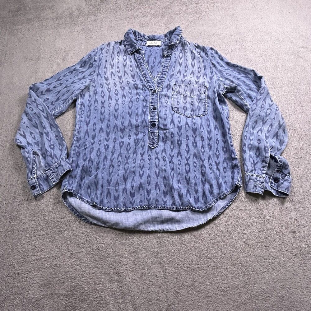 Bella Dahl Popover‎ Shirt Women's S Blue Ikat Tencel Lyocell Roll Tab Sleeve